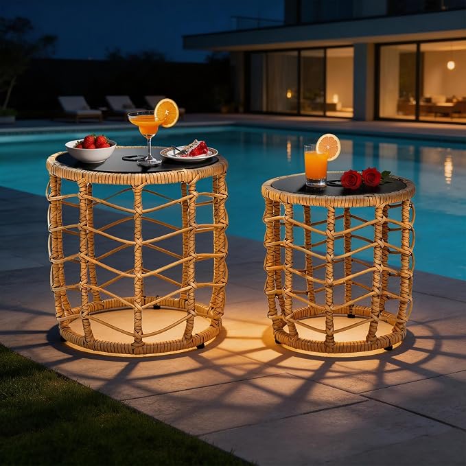 PROHIKER Solar Nesting Tables with Built-in Lights Set of 2, Outdoor PE Rattan Side End Table, Coated Steel Frame, 250lbs Capacity, All Weather for Patio, Porch, Garden, Balcony, Indoor