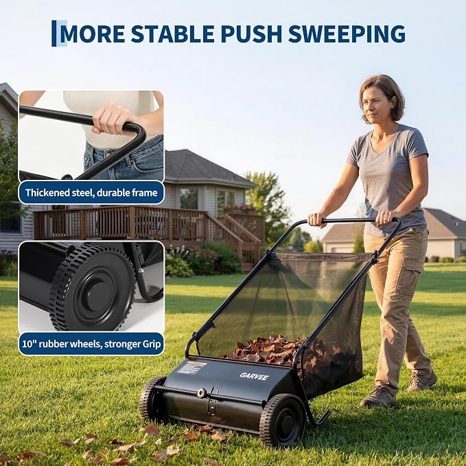 Garvee 26 Inch Push Lawn Sweeper, Walk Behind Leaf Grass Collector with 7 Cu ft Hopper Bag, Carbon Steel Frame, Yard Sweeper with Adjustable Brush Height for Garden Patio Driveway Leaves Cleanup