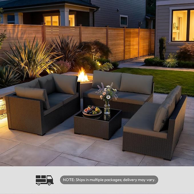 WWR Patio Furniture Set 7 Piece - All-Weather - Wicker Rattan Patio Outdoor Conversation Set, Modular Sectional Sofa for Backyard, Garden, Poolside, Balcony, Porch, Patio, Black/Dark Gary