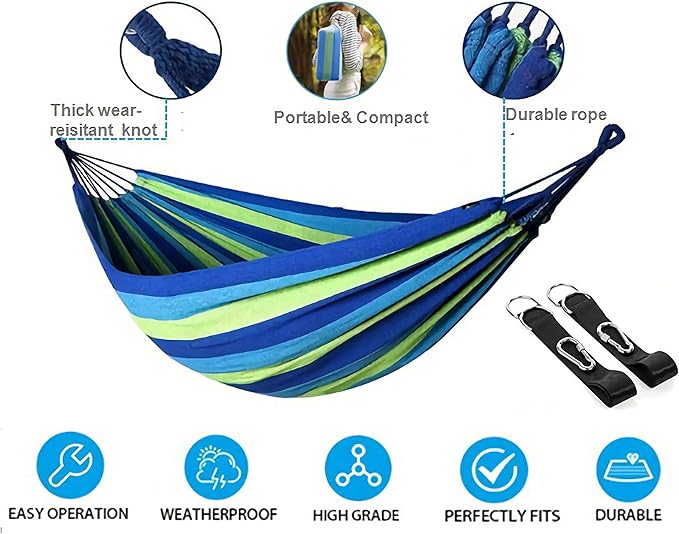Comfortable Fabric Camping Hammock with Tree Straps for Hanging Durable Hammock Up to 550lbs&Heavy Duty Carabiners,2 Person, Perfect for Camping Outdoor/Indoor Patio Backyard
