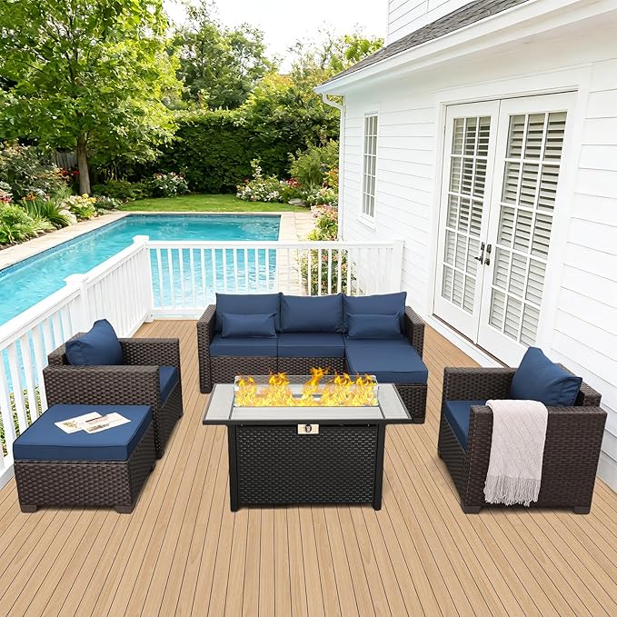 6-Piece Patio Furniture Set Outdoor Furniture Set with 45'' Propane Gas Fire Pit Table Outdoor Conversation Set Wicker Sofa Set Non-Slip Cushions Waterproof Covers, Navy Blue