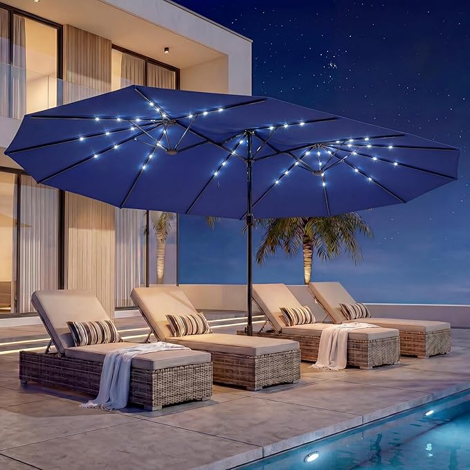 EO Living 13ft Large Patio Umbrella with Solar Lights, Double-Sided Rectangle Outdoor Umbrella with Base Included, 24 LED Lights Table Umbrella for Poolside Deck Market (Navy Blue)