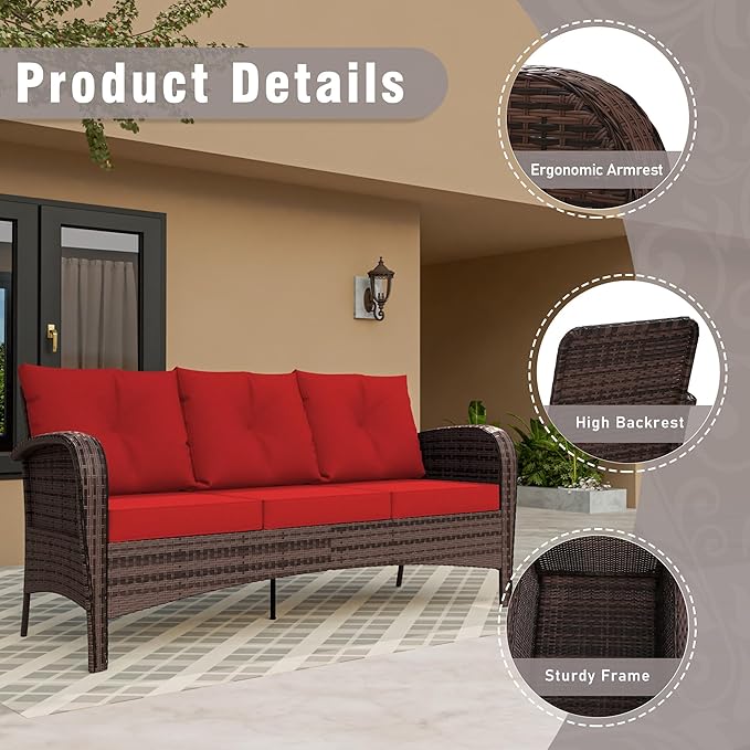 Patio 3-Seater Sofa, PE Wicker Outdoor Lounge with Thick Removable Cushions, Rust-Proof Steel Frame, 900LBS Capacity, Red