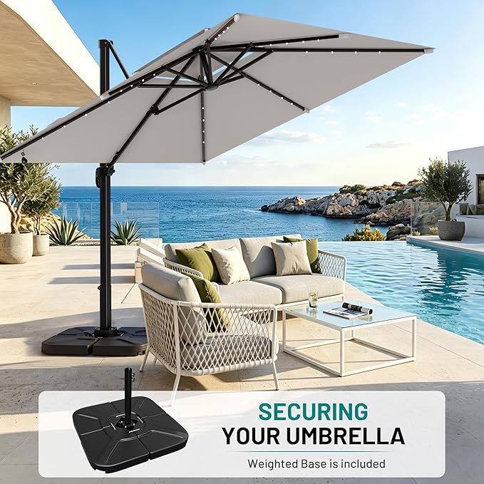 AreShark 10×10FT Solar LED Cantilever Umbrella with Base Included, Double-Top Outdoor Patio Offset with 360 Degree Rotation, Round Offset Hanging Umbrella for Garden Deck Pool, Light Grey