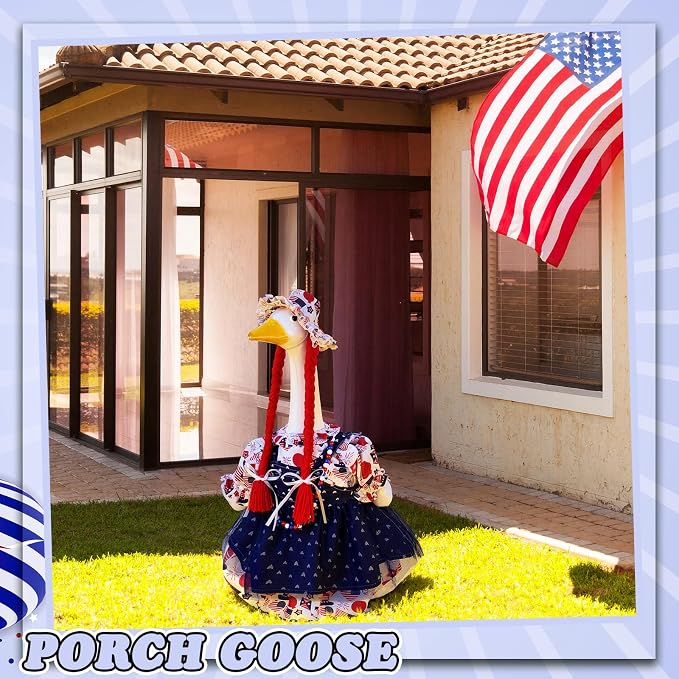 4th of July Porch Goose Outfit Patriotic Independence Goose Clothes for 23" High Cement or Plastic Geese Costume for Yard Lawn Outdoor Garden 250 Anniversary Duck Statue Dress USA American Flag Decor