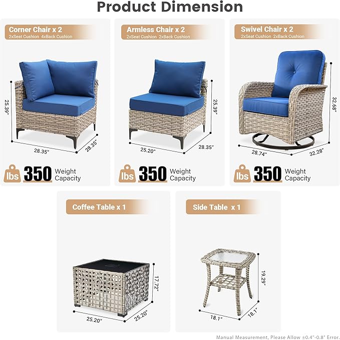 Outdoor Patio Furniture Sets, 8 PCS Patio Conversation Set Outside Rattan Sectional Sofa with Wicker Rocking Chairs Coffee Table Soft Cushion Fit Backyard Porch Garden Poolside Balcony