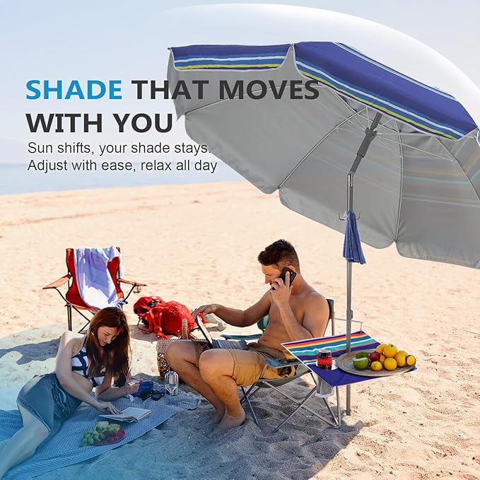wikiwiki 7ft Beach Umbrella featuring a built-in table, UPF 50+ Protection Beach Umbrellas for Sand with Sand Anchor & Tilt, with Carry Bag and Hook, Dark Blue Stripes