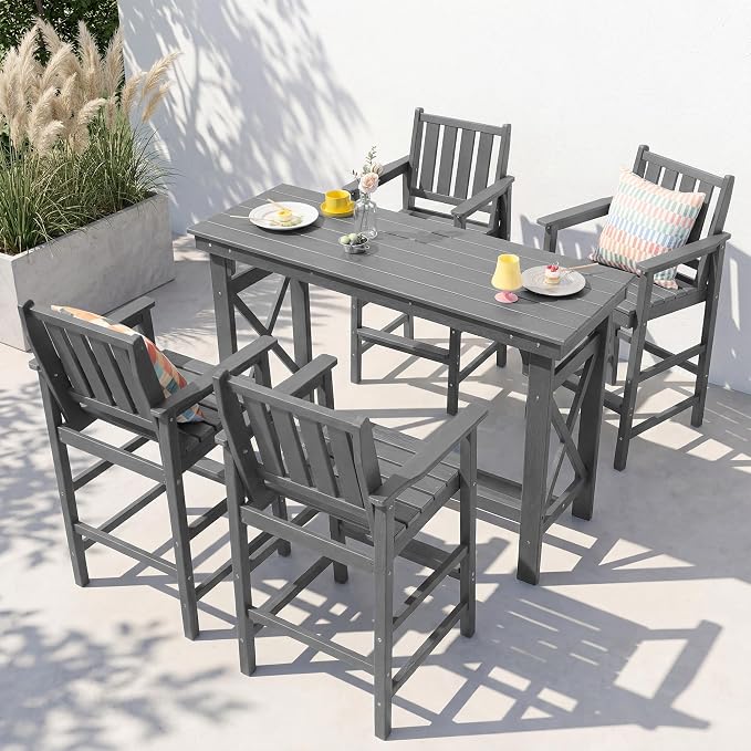 Outdoor Bar Stools, All Weather HDPE Counter Height Bar Chair with Wide Armrests & Footrest, Heavy-Duty Balcony Tall Adirondack Chair for Patio, Balcony, Pool, Backyard, Grey