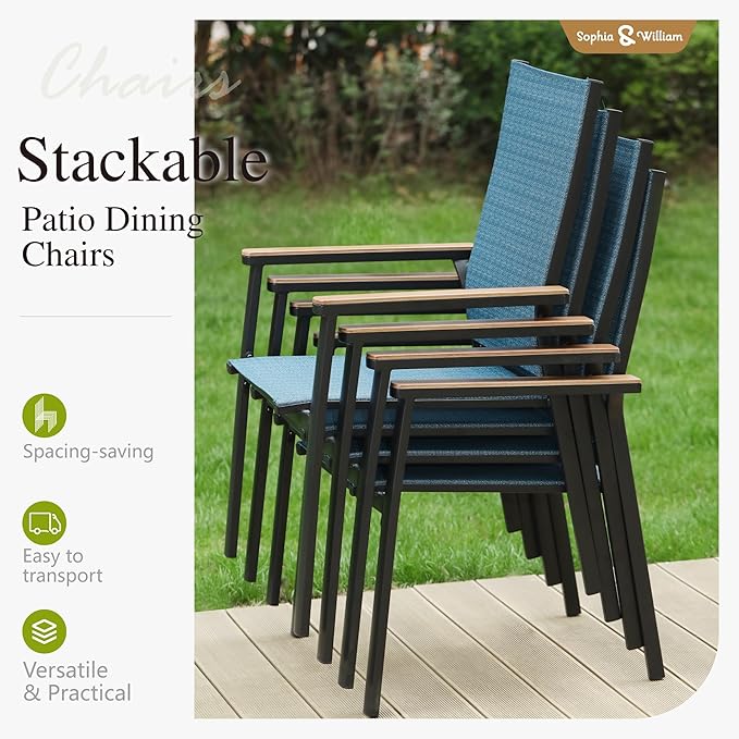 Sophia & William Outdoor Patio Dining Set 7 Pieces, 6 Aluminum Patio Dining Chairs and 54" Large Round Dining Table, Space-Saving and Lightweight for Patio Lawn Garden (Blue)