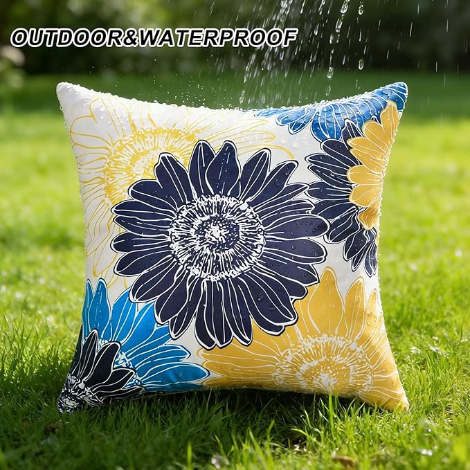 Outdoor Pillow Covers Summer Waterproof Sunflower Throw Pillow Covers 20x20 Decorative Blue Yellow Floral Cushion Covers Square Garden Throw Pillowcase Set of 2 for Patio Furniture Tent Balcony Bench