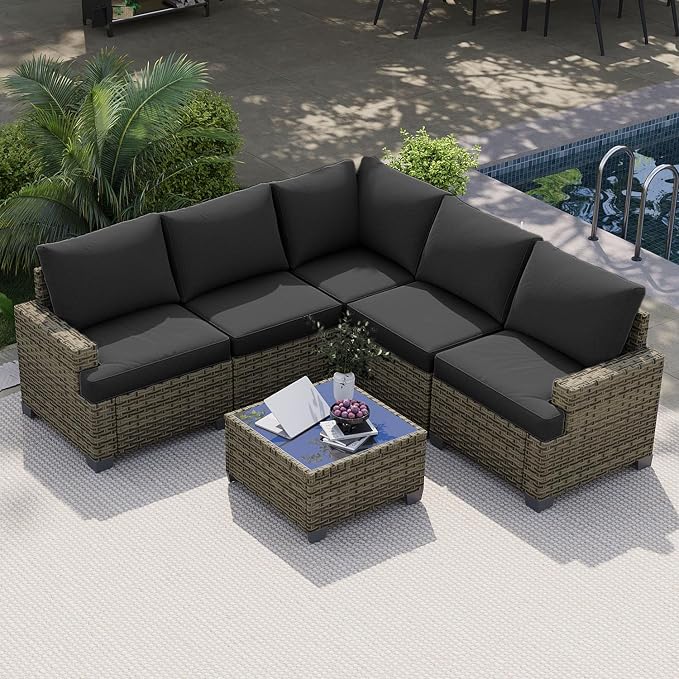 LazySunsets Luxury Patio Furniture Set, All-Weather Patio Sectional Sofas with Thickened Cushions, 6 Piece Outdoor Furniture Set, Black