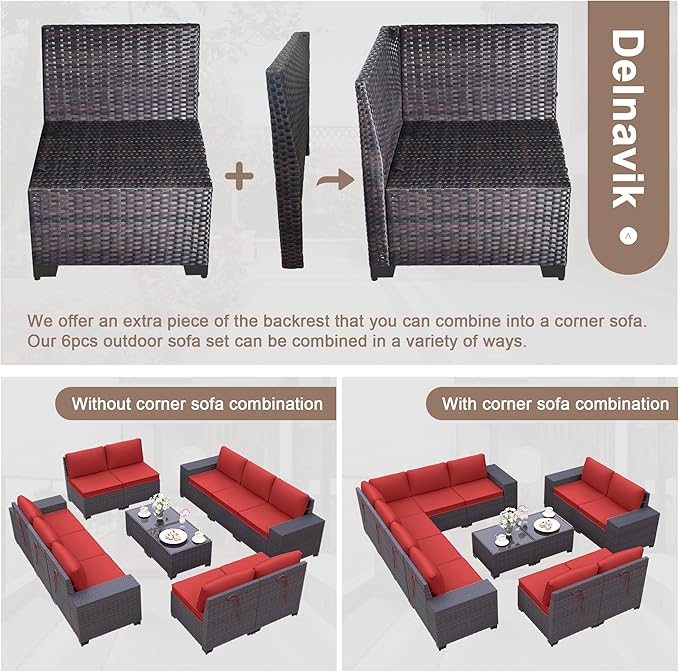 Patio Furniture Set Sofa 12-Pieces Wicker Sectional Sofa Set, Outdoor Furniture Rattan Patio Conversation Set with Thickened Cushions and Glass Coffee Table, Red
