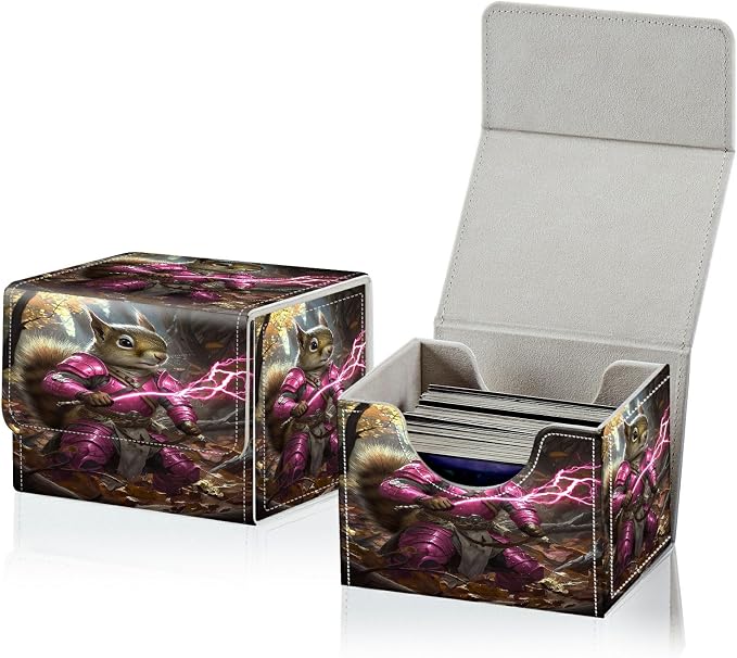 Card Deck Box for MTG, Cards Storage Box Fits 120+ Sleeved, Leather Small Size Strong Magnetic Closing Card Case for Board Games Magic TCG CCG Baseball Collection, Purple Lightning Squirrel
