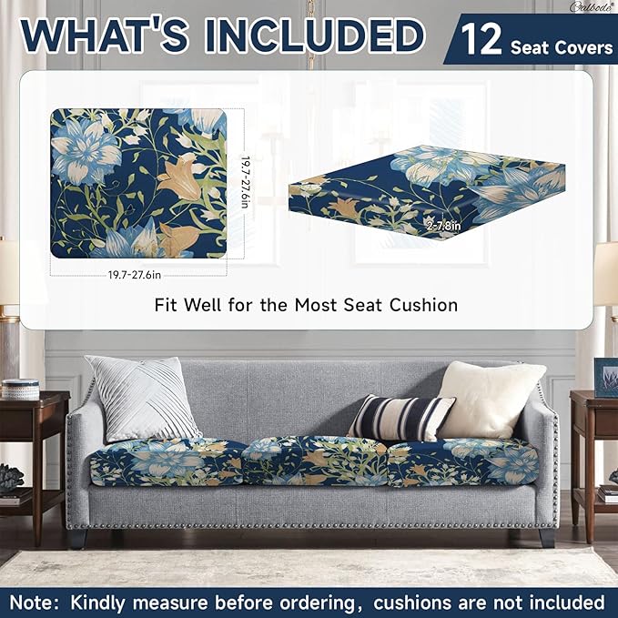 CALBODE 12Pcs Stretch Patio Cushion Cover, Printed Couch & Sofa Slipcovers for Patio Furniture Cushions Washable Reusable Couch Covers Replacement for Autumn Winter (Dark Blue Floral, Cover Only)