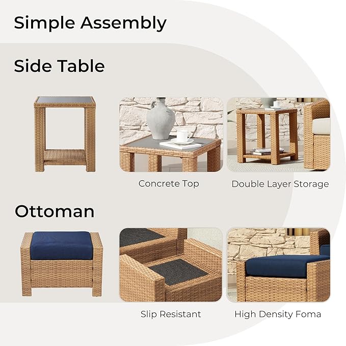CHITA 5 Pieces Swivel Wicker Patio Furniture Set, Outdoor Conversation Set with 2 Pieces Rattan Swivel Chairs, 2 Pieces Ottomans, Thickened Cushions and Side Table, Blue Cushions with Brown Wicker