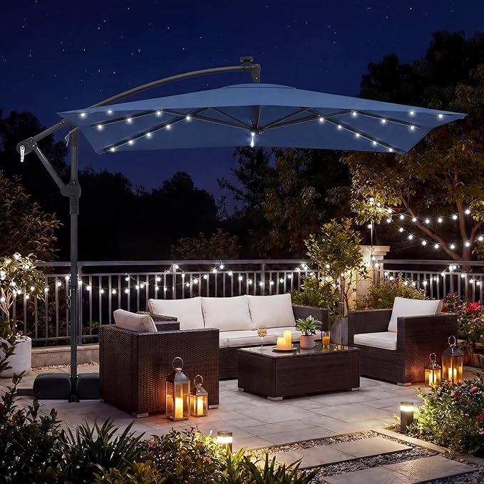 Tangkula 8x8 FT Solar Patio Umbrella with Base Included, Square Offset Cantilever Outdoor Umbrella with 360 Degree Rotation, 32 LED Lights, Crank Handle, 2 Sandbags, 8 Ribs, Air Vent for Pool Deck Garden Backyard