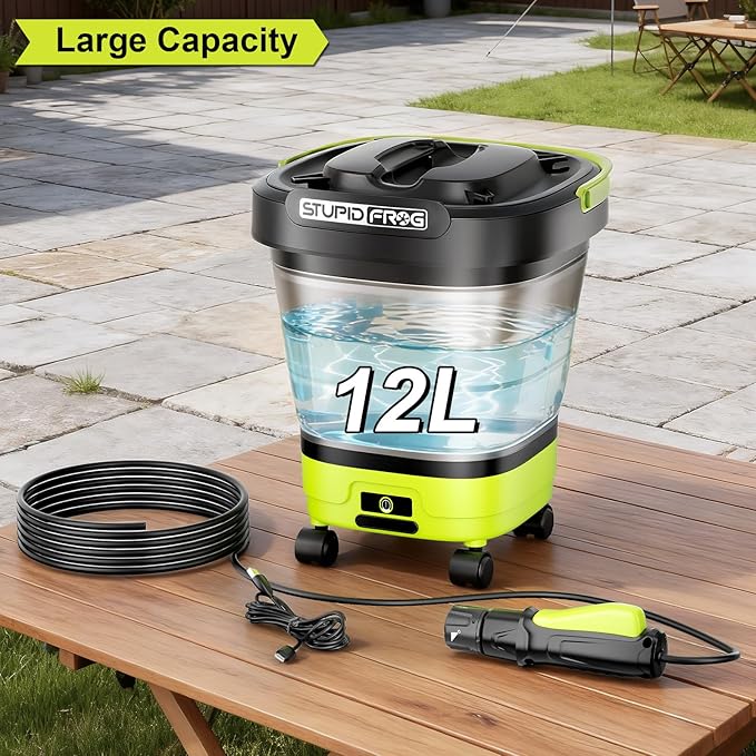 Portable Max 72 PSI Hand Sprayer, Cordless Garden Sprayer with 2000mAh Battery, 4-in-1 Nozzle, 12L Collapsible Bucket, Low Pressure Cleaner for Outdoor Cleaning, Camping, Gardening