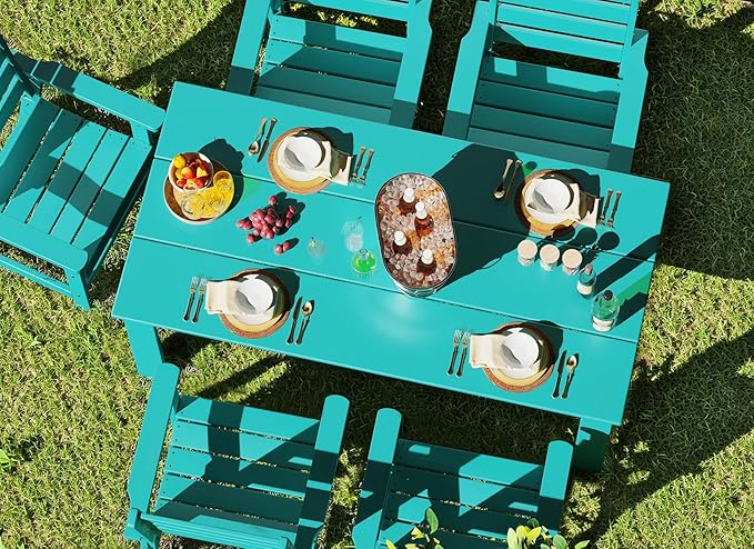 GREENVINES Outdoor Dining Table | 67’’ | HDPE | Rectangle Tables for 6 | All-Weather | Umbrella Hole | Patio Furniture | for Poolside Backyard Garden | Aqua