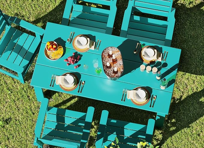 GREENVINES 7-Piece Outdoor-Dining-Set | HDPE Plastic 67'' Table and Chairs Sets for 6 | Patio Furniture | All Weather | Umbrella Hole | Aqua | for Poolside Garden Backyard