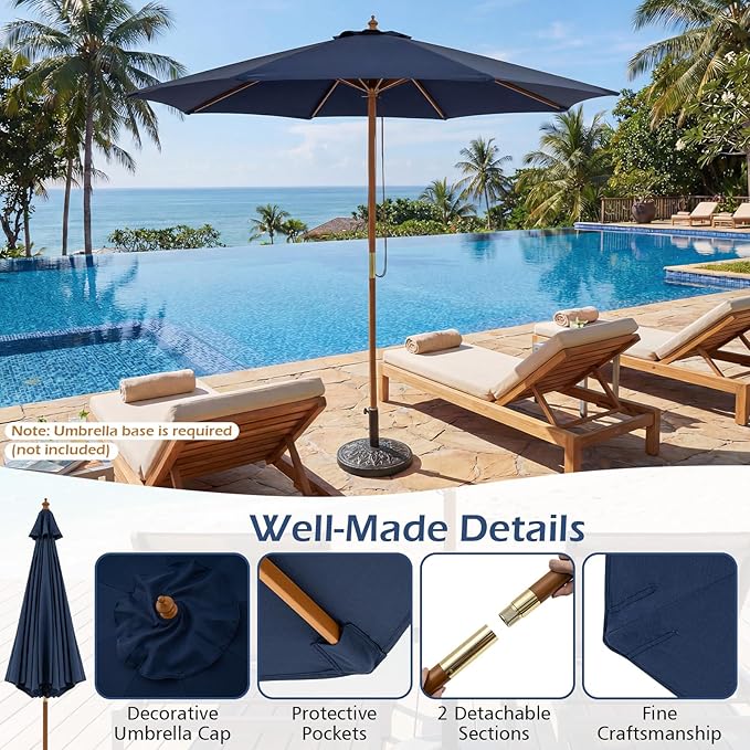 Tangkula 9 FT Patio Umbrella, Outdoor Table Market Umbrella with 8 Wooden Ribs, 3 Adjustable Heights, Rope Pulley System for Garden, Vented Top for Pool Backyard Deck Garden