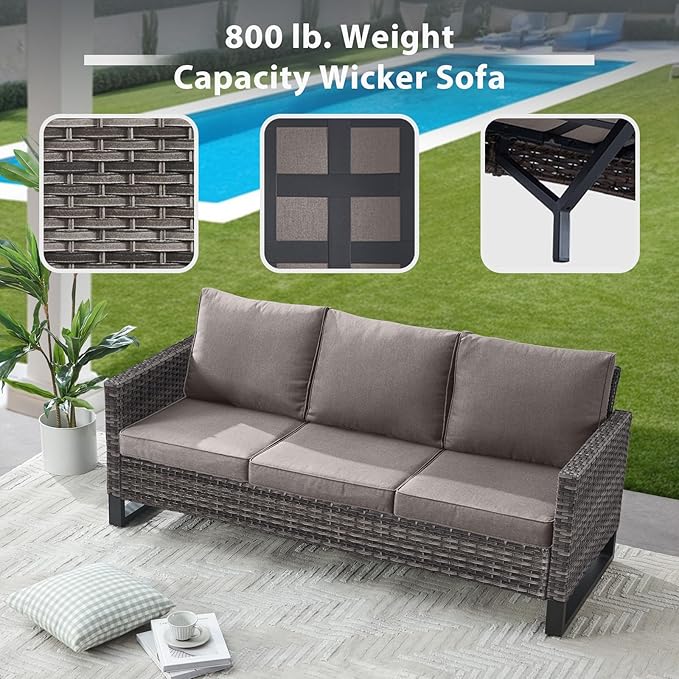 5 Piece Wicker Patio Furniture with Fire Pit Table - Outdoor Conversation Set with 50,000 BTU Fire Pit, All Weather Rattan Patio Set for Deck Backyard Garden - Grey Wicker Grey Cushion