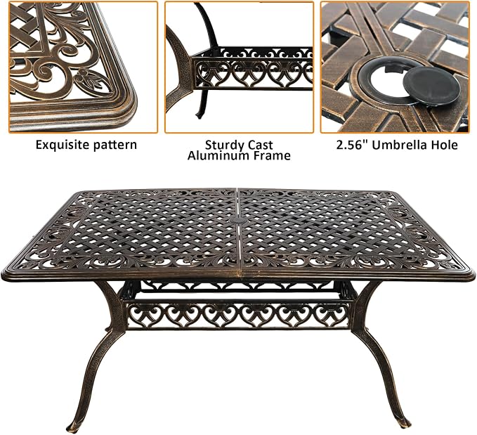 Patio Dinning Set Weather Resistant Cast Aluminum Patio Furniture Set with Umbrella Hole, Bistro Dining Set for Garden (59" x 28" Table C and 4 Chairs Bronze, 5 Pieces)