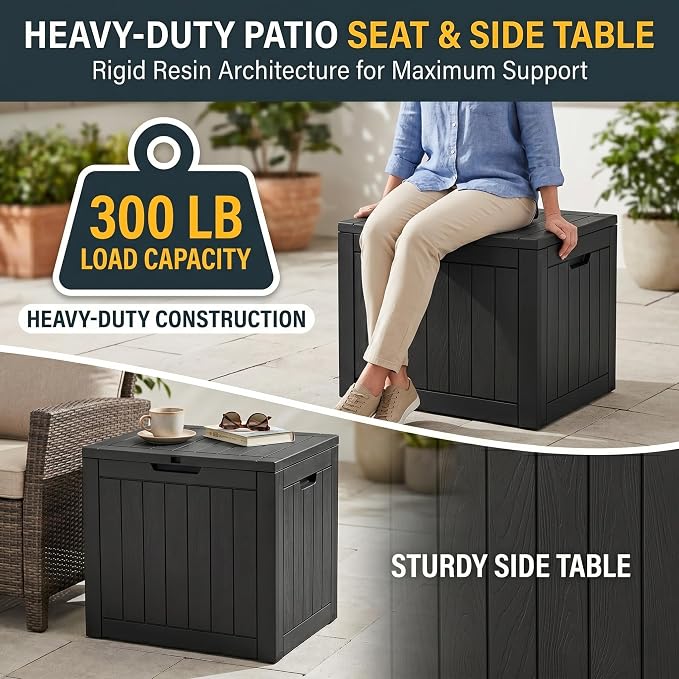 31 Gal Resin Deck Box, Outdoor Storage Bench Side Table for Patio Cushion | Versatile outdoor storage: Organizes single yard mats, pool accessories, garden hoses, or front porch parcels.