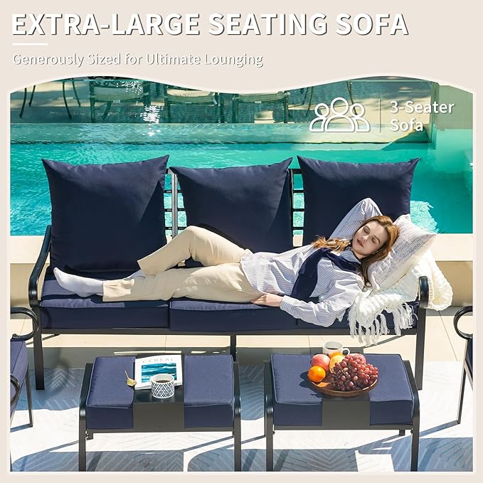 5 Piece Patio Furniture Set, Metal Patio Conversation Set with 1x3 Seater Sofa & 2xSwivel Chairs & 2xOttomans, Outdoor Furniture with 5.75'' Thick Cushion for Lawn Garden Backyard, Navy Blue