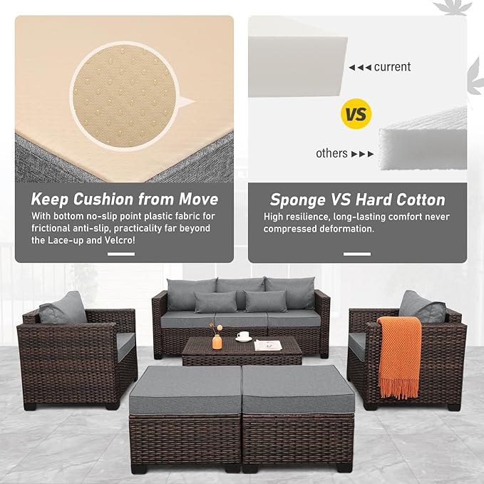 Wicker Patio Furniture Set 6 Pieces Outdoor Furniture Chairs and Couch Storage Table Anti-Slip Cushions and Waterproof Covers, Dark Grey
