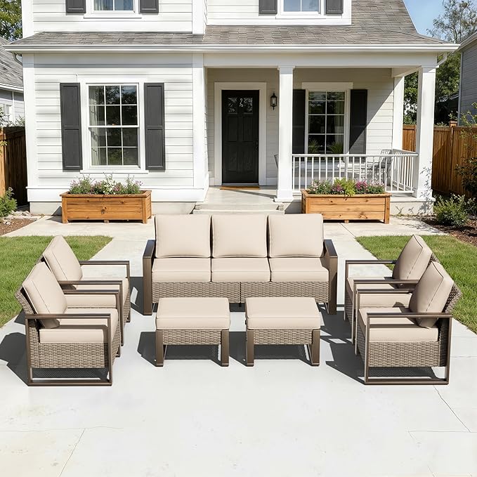 7 Pieces Metal Wicker Patio Furniture Set - 75" Sofa, Four Armchairs and Two Ottomans, All Weather Rattan Outdoor Conversation Furniture with Washable Cushion for Deck Porch, Beige