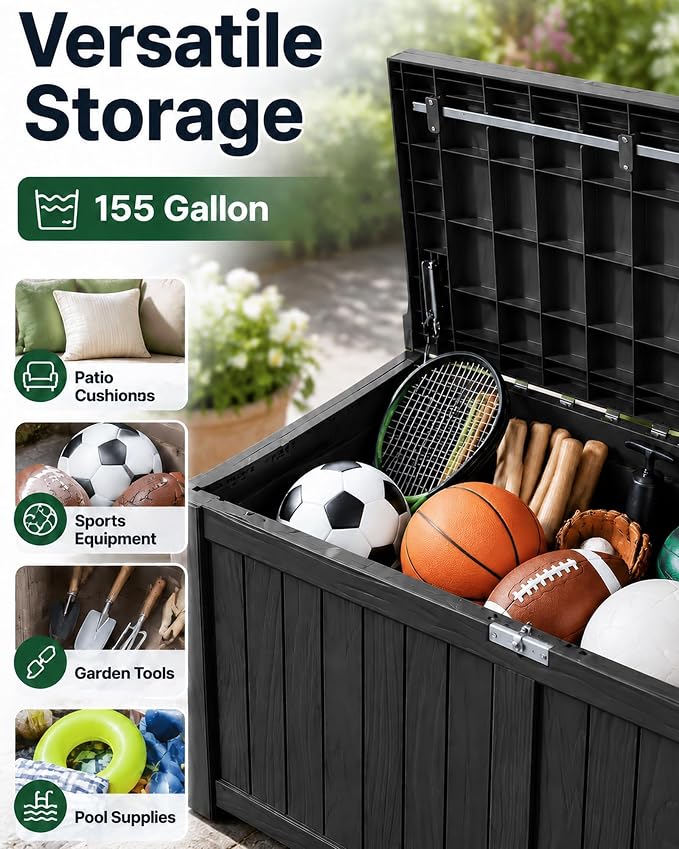 155 Gallon Waterproof Outdoor Storage Box, Large Lockable Deck Box, Indoor Outdoor Resin Storage Bench with Hydraulic Rod for Patio Furniture/Cushions/Garden Tools/Backyard/Pool Accessories, Black