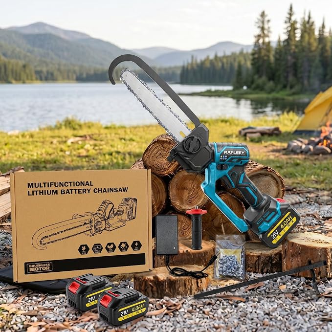 8-Inch Battery Chainsaw Cordless Mini Chainsaw 640W Brushless Electric Chainsaw 13m/s 2x4000mAh Batteries Built-in Caliper 90° Rotating Head 3.75lb Small Battery-Powered Chainsaw Pruning