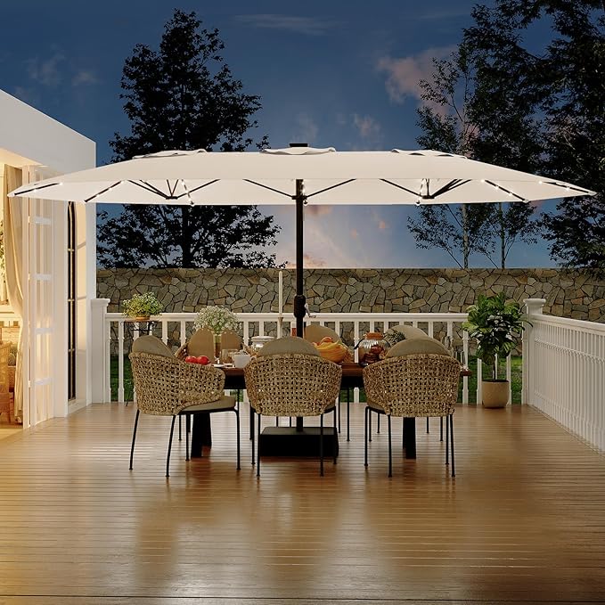 Garvee 15FT Rectangular Patio Umbrella with Solar Lights & Base Included - Large Patio Umbrella with Crank Handle 48 LED Lights, UV Protection for Outdoor Market, Backyard, Deck, Poolside, Lvory