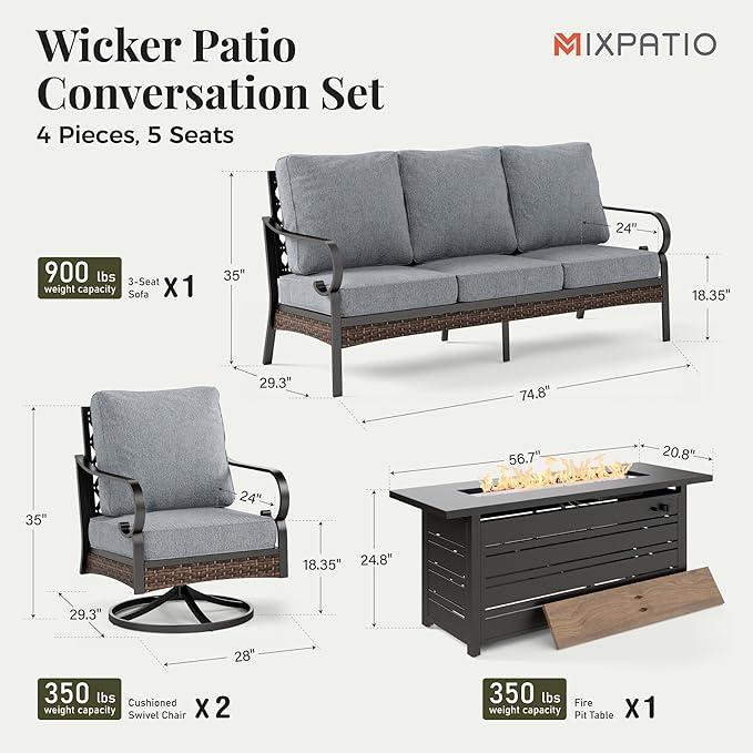 Patio Furniture Set with 56'' Fire Pit Table, Black Metal Frame Outdoor Conversation Set with 2 x Swivel Chairs, 1 x 3-Seat Sofa for Lawn Garden Backyard, Grey