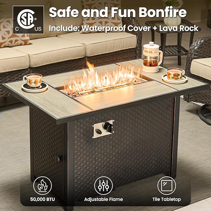 ovios 5-Piece Patio Furniture Set with Swivel Chairs Coffee Table, Outdoor Wicker Sofa with 42" Fire Pit Table, High Back Couch Modern Conversation Sets, Brown/Beige