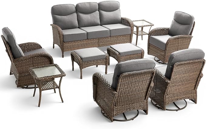 Luxury Outdoor Patio Furniture Set with 6-Inch Thick Cushions, 9 Pieces Wicker Outdoor Furniture with High Back Swivel Patio Chairs Set of 4, Outdoor Patio Conversation Set for Deck Garden, Gray