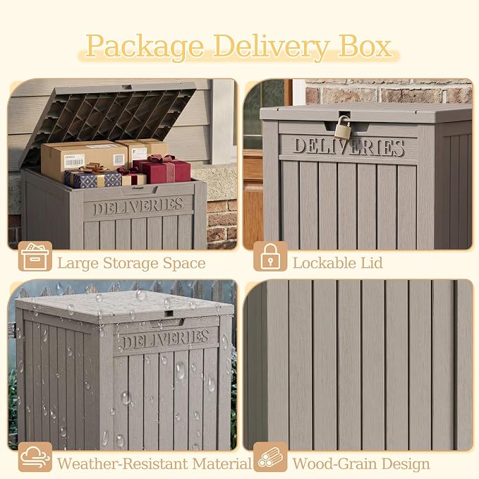 Outdoor Storage Box, 70 Gallon Package Delivery Boxes for Outside, with Lockable Secure, Deck Box Outdoor Waterproof for Entryway, Front Porch, Backyard, Garden, Patio, Lawn, Grey