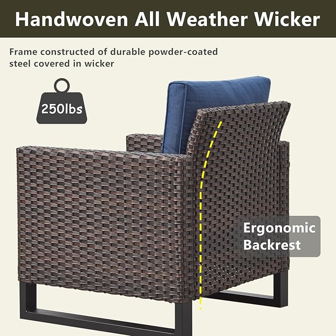 Rilyson Wicker Outdoor Patio Chairs Set of 2-2 Piece Rattan Chairs with Waterproof Wicker,Comfortable Cushions and Sturdy Metal Frame for Outside Porch Deck Backyard(Brown/Blue)