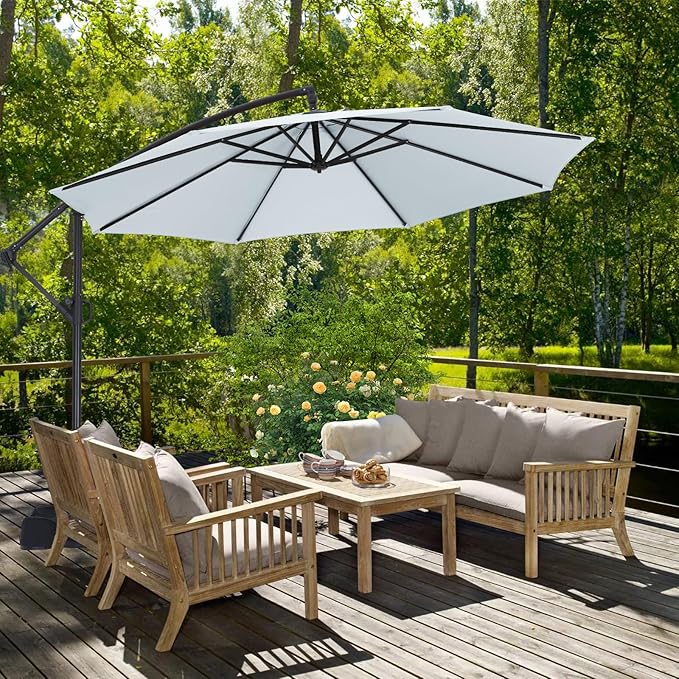 ABCCANOPY 10FT Cantilever Patio Umbrella with base included, 360° Rotation Outdoor Offset Umbrella Bonus Fix Frame & Weights Bag (Light Gray)