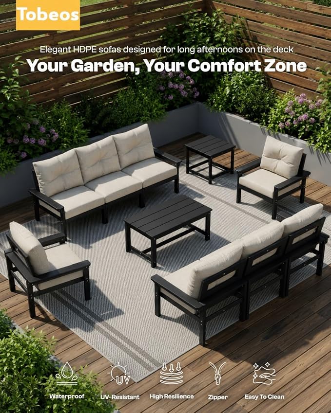 HDPE 10 Piece Outdoor Patio Furniture Set, All-Weather Outdoor Couch Set with Thick Cushions & Coffee Table, Patio Conversation Sets for Lawn, Garden, Porch, Balcony, Deck, Poolside, Black Beige