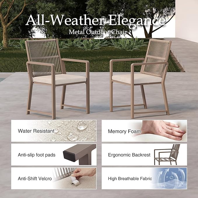Outdoor Patio Wicker Rattan Dining Chairs, Heavy-Duty Wrought Iron Frame Supports 400lbs, Ergonomic Backrest, Detachable Breathable Cushion, for Garden & Porch, Light Brown, Set of 2