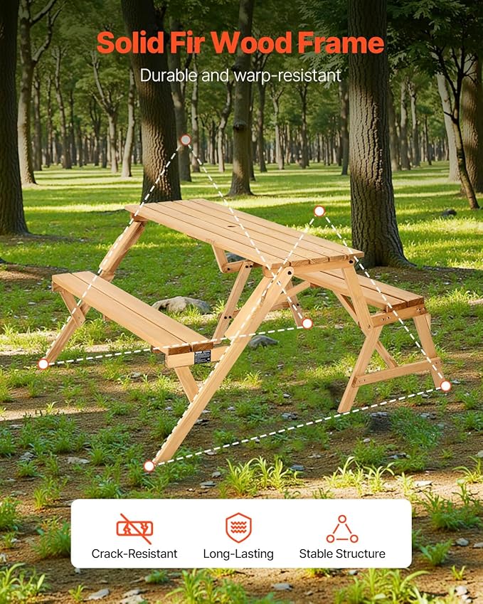 VEVOR 2-in-1 Transforming Interchangeable Picnic Table, Outdoor Wooden Table and Bench Set, Portable Foldable Bench with Umbrella Hole, Patio Dining Furniture for Garden, Backyard, Porch (Brown)