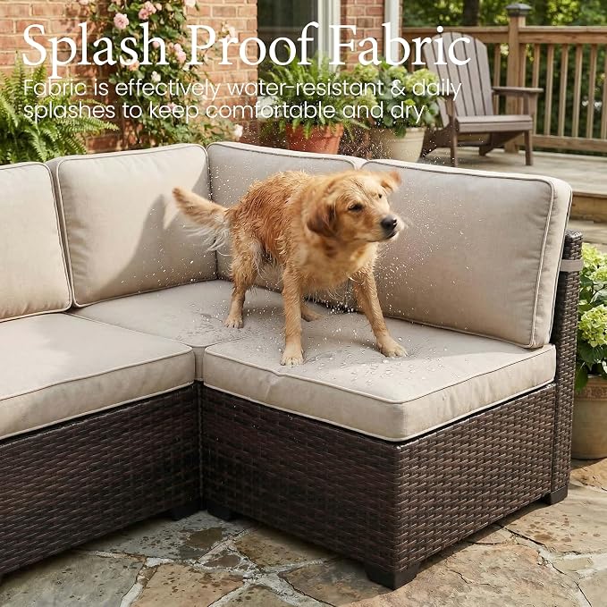LayinSun 7 Pieces Outdoor Patio Furniture Set with 44" Fire Pit Table Brown Rattan Sectional Sofa Conversation Sets