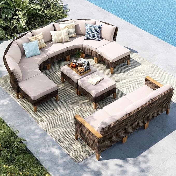 MFSTUDIO 12 Pieces Wicker Patio Furniture Set, All-Weather Rattan Outdoor Half-Moon Curved Sectional Sofa Set for Garden, Backyard, 4 x Curved Sofa, 2 x Armless Couch, 4 x Ottomans, 2 x Corner Chair