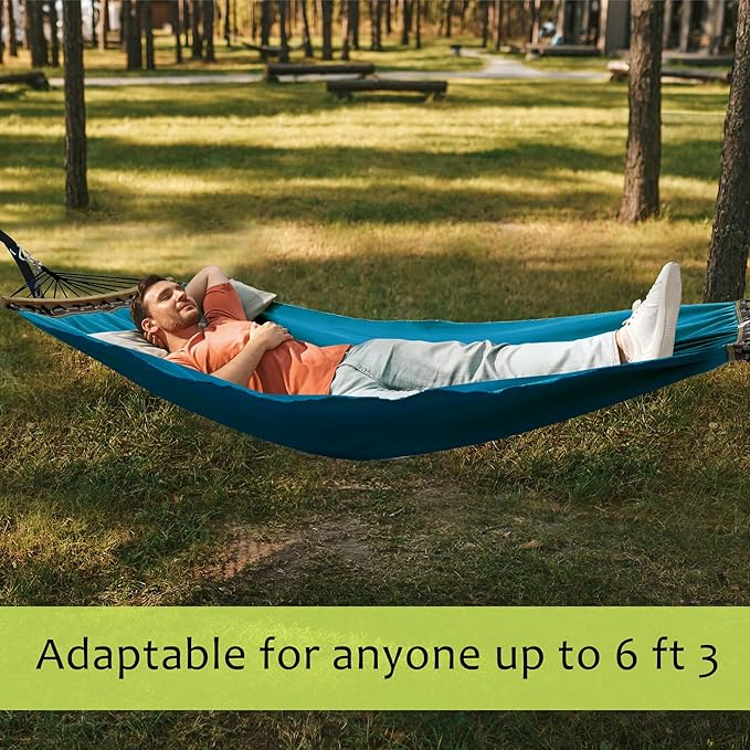 Tranquillo Double Hammock 2 Persons Cotton Canvas 600 lbs Portable Camping Hammock with Solid Wood Spreader Bar Hammock for Camping Portable Relaxation Gear for Camping Patio Garden, Blue