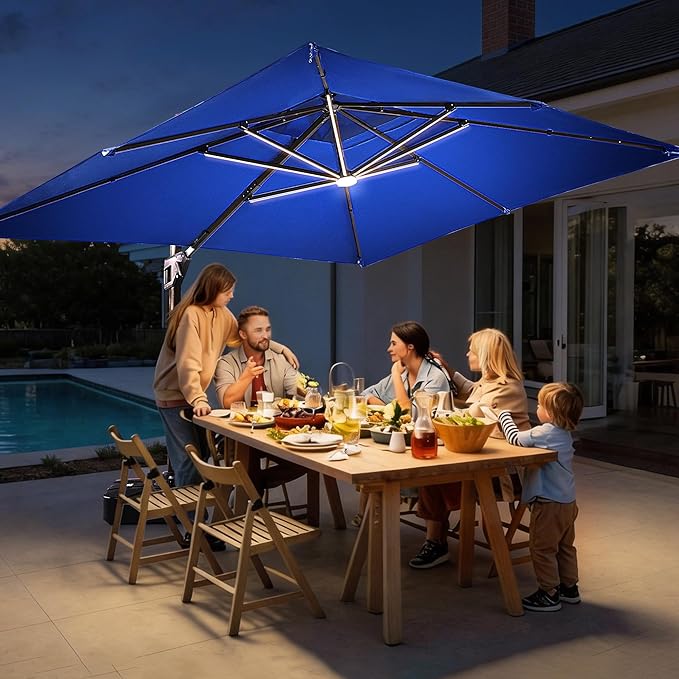 JZAC & QZYD 10X13 FT Outdoor Cantilever Patio Umbrella with Base Included and LED Lights, Large Heavy Duty 2-Tier Aluminum Offset Umbrellas with 360-Degree Rotation for Pool Deck, Navy