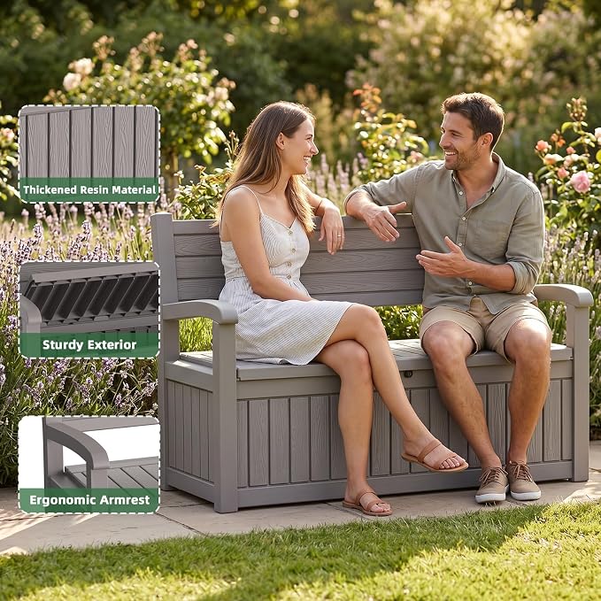 80 Gallon Outdoor Storage Bench Deck Box Waterproof Resin Lockable UV Resistant Benches Furniture Outside Porch Patio Pool Garden Tool Cushion Beige
