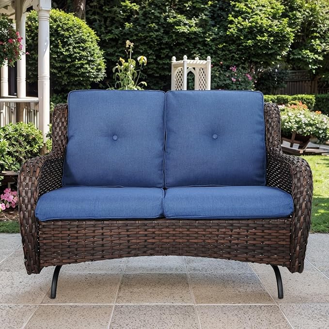 Patio Loveseat Glider Set, Resin Wicker Loveseat Glider with 2 Swivel Patio Chiars Coffee Table and Side Table, 5 Piece Patio Furniture Set Loveseat Set, Brown Wicker|Blue Cushions