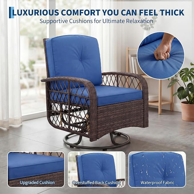 GarveeHome Outdoor Swivel Rocker Chairs, 3-Piece Patio Set with Thick Cushions & High Back Support, Includes 2 Wicker Chairs & 1 Side Table for Deck, Porch, Backyard (Brown Wicker & Blue Cushions)