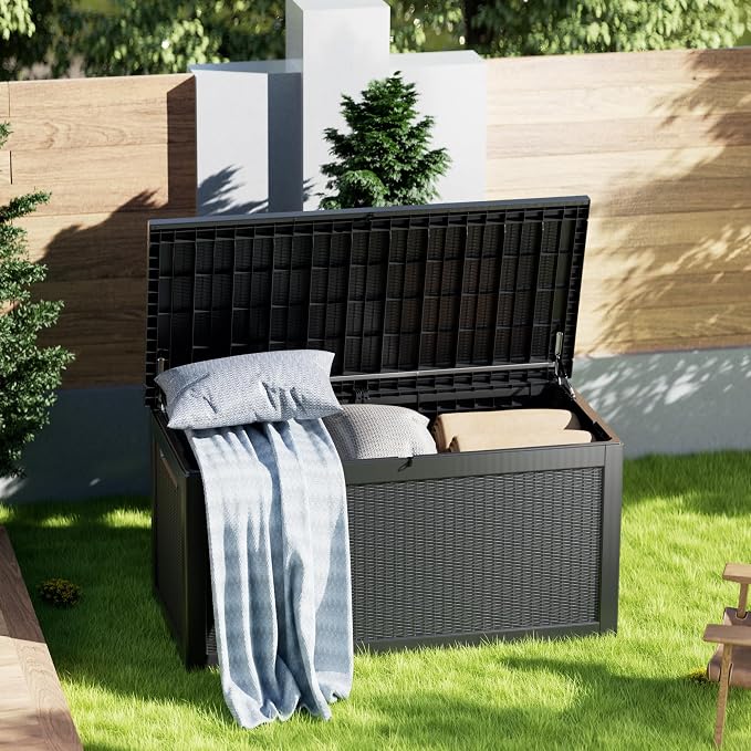 MONDAWE 260 Gallon Resin Deck Box Waterproof Outdoor Storage Box Lockable Patio Storage Container Bench Seating for Cushions Garden Tools Pool